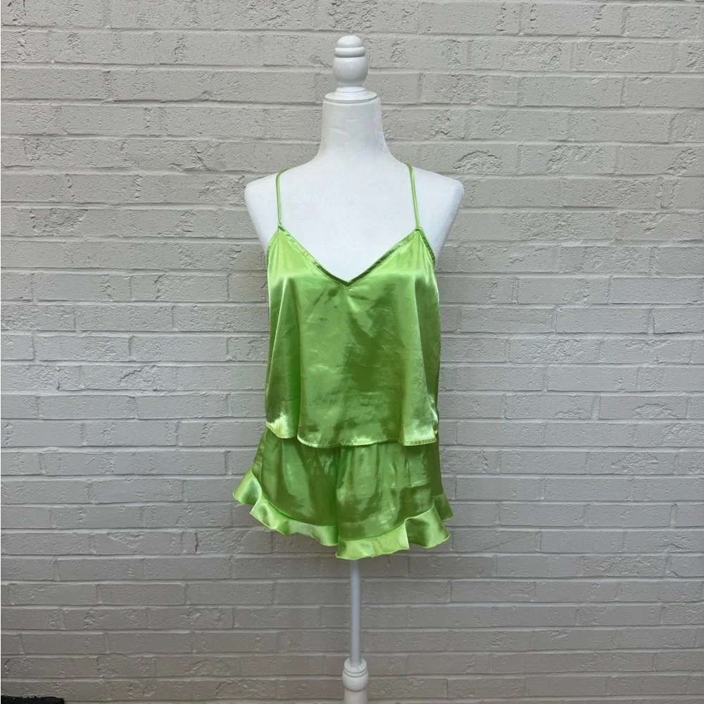 Lulu’s Sweetest Dreams Lime Green Satin Ruffled Two-Piece Pajama Set - Picture 3 of 5